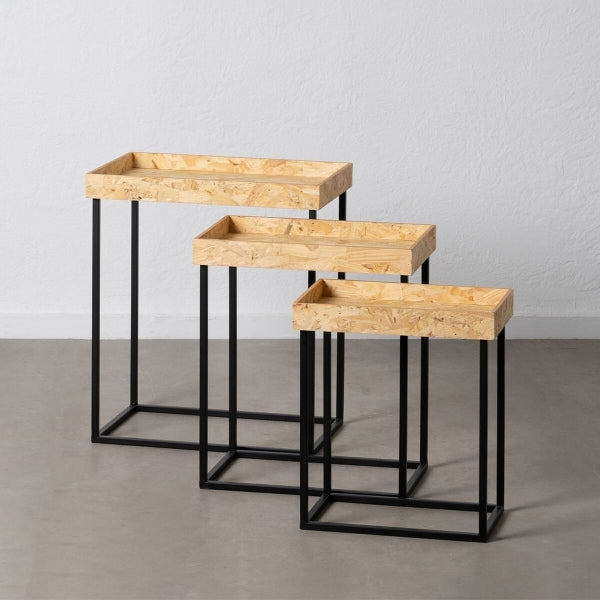 Set of 3 tables Black Natural Iron Wood MDF 57.5 x 37.5 x 67.5 cm (3 Units)